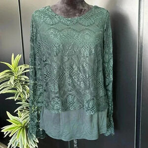 Pointelle Lace Overlay, scoop neck, lined, ruffle cuffs,top